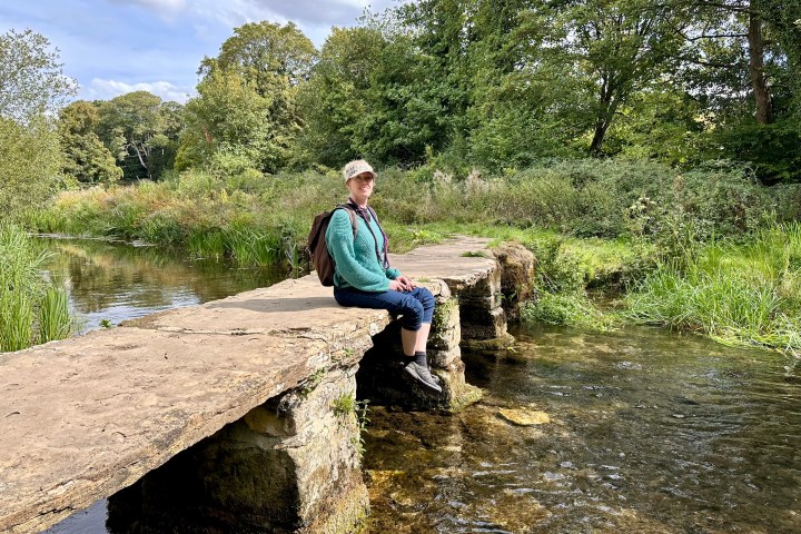 Person sitting on stone bridge over creek, surrounded by trees and greenery.