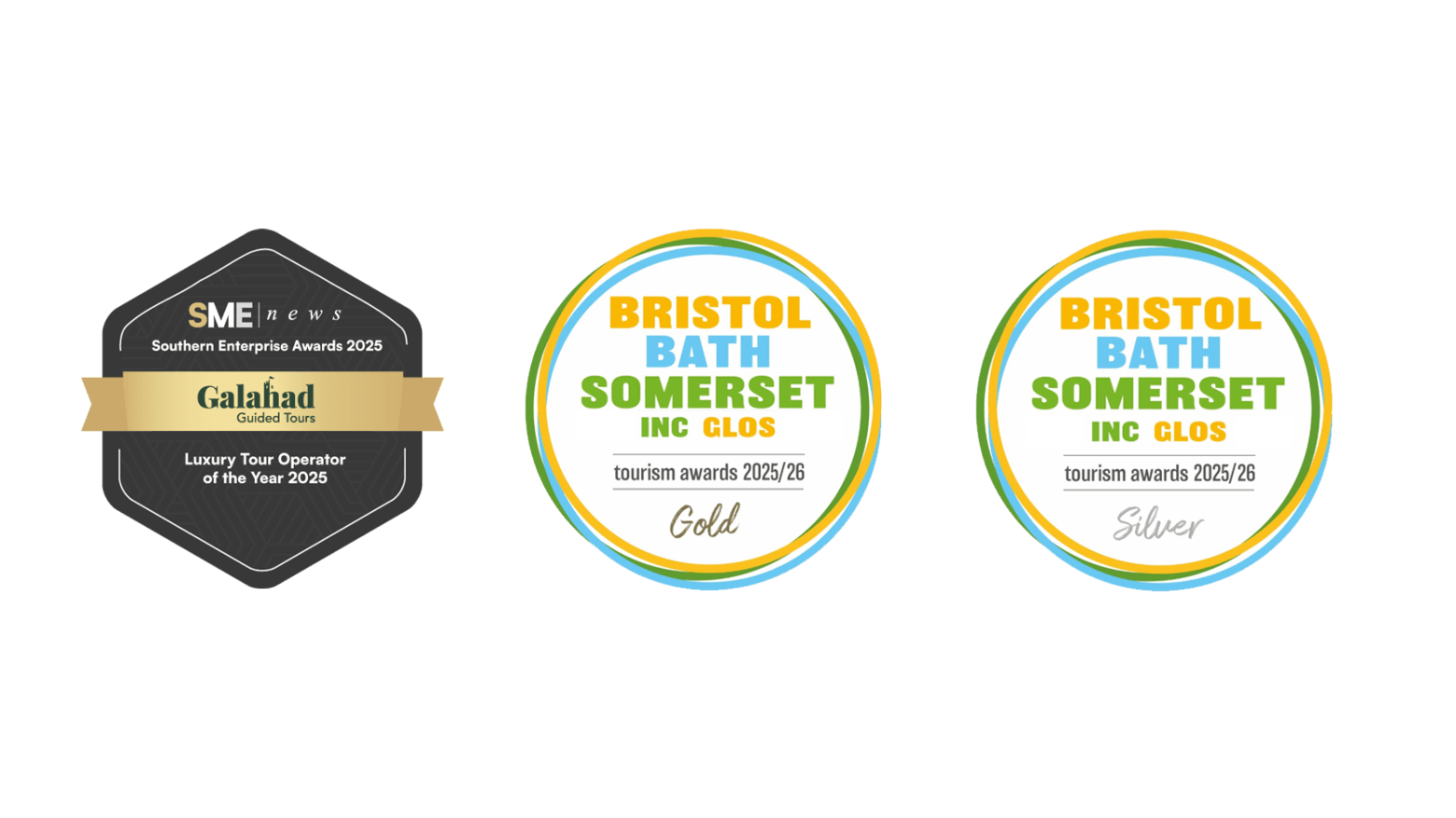 Three award badges for tourism and enterprise, labeled Galahad and Bristol Bath Somerset.