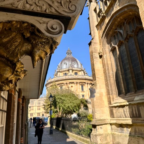 View of Radcliffe Camera, Oxford, framed by ornate architecture and a narrow street.
